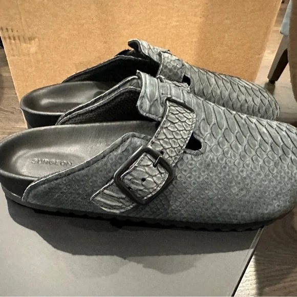 The Shoe Surgeon - Birkenstock Luxe Black Python Mules - NEW